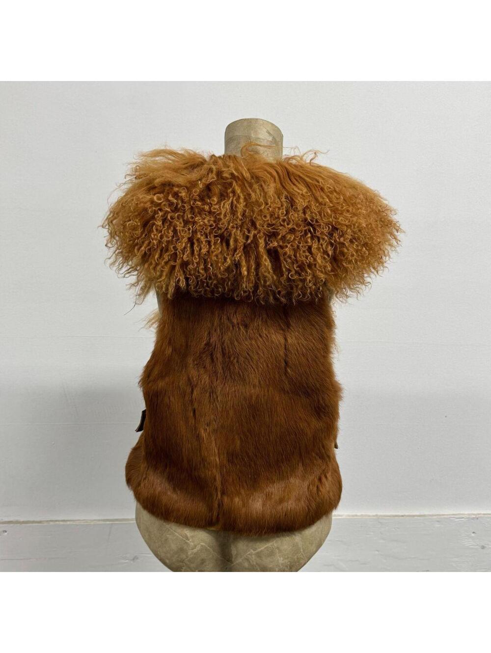 Vintage Deadstock Tan Brown Y2K Mongolian Lamb & Rabbit Fur Vest - Picture 5 of 8